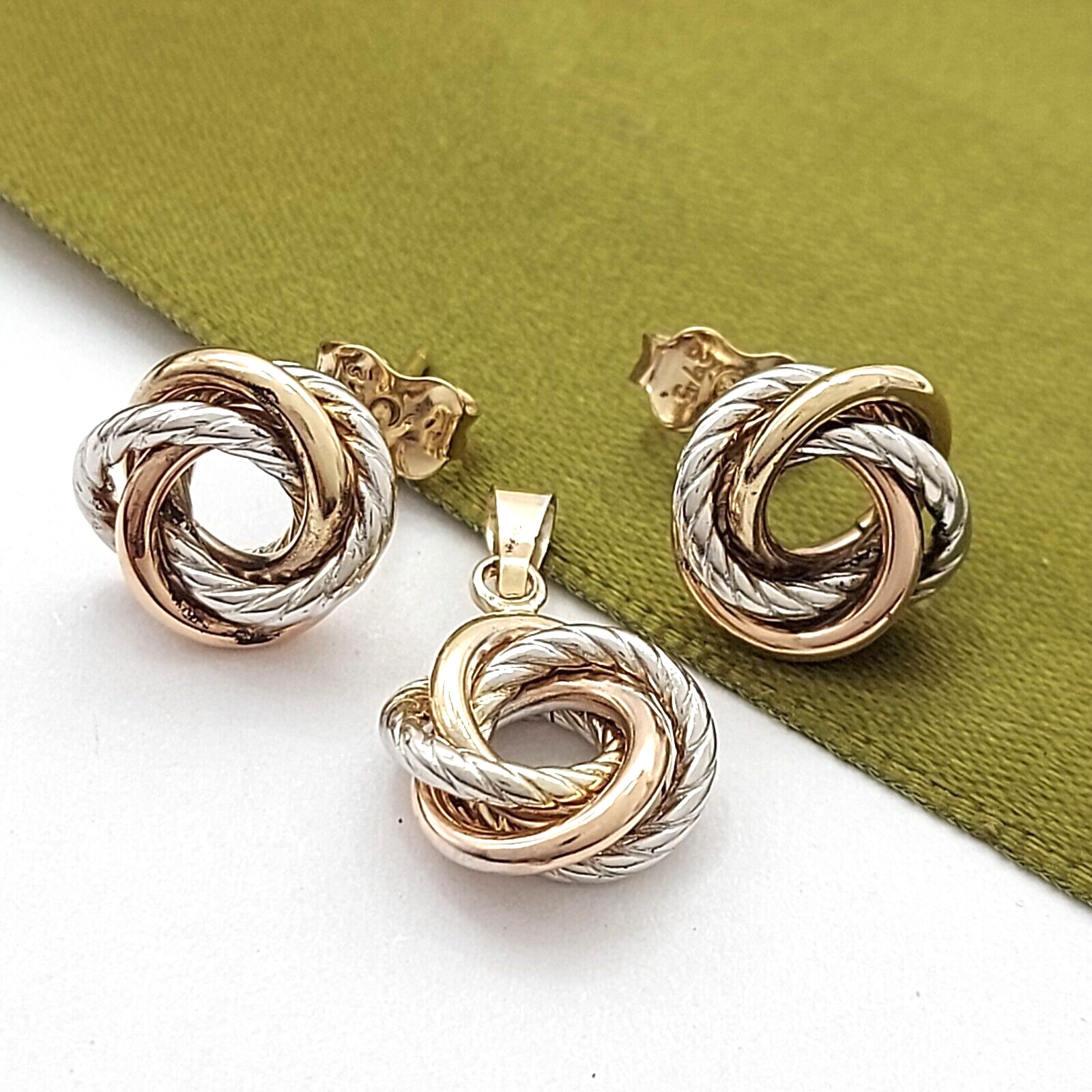 Ladies Jewellery Set 9ct Tri-Tone Gold Two Piece Pendant & Earrings Set