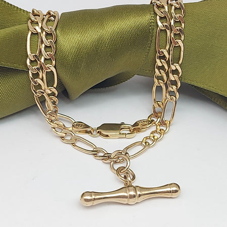 Ladies Yellow Gold 9ct (375,9K) Rare Antique Figaro Chain Pinched T-bar Necklace
