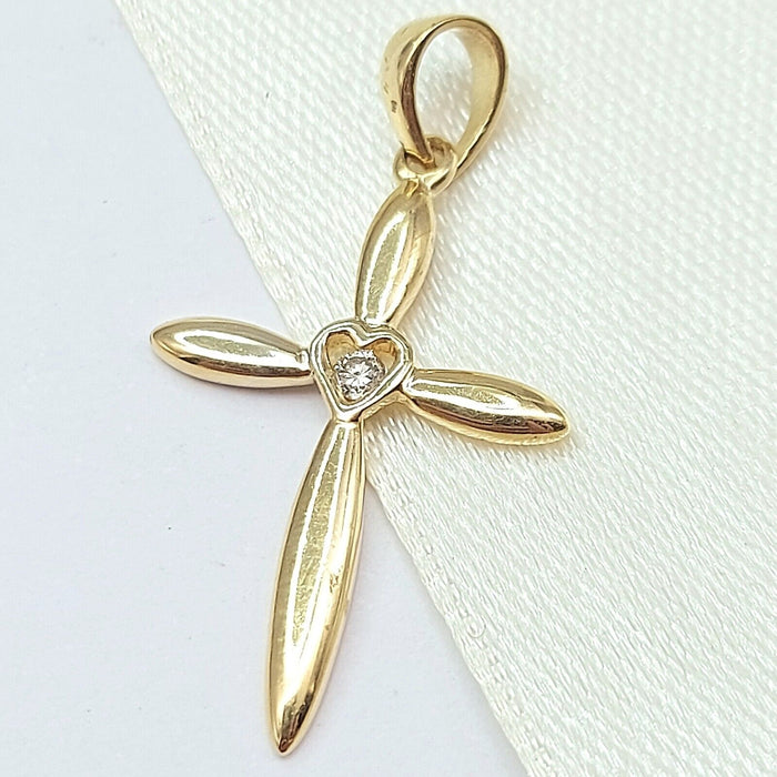 Ladies Yellow Gold 9ct (375, 9K) Rare Natural Diamond Heart Cross Pendant