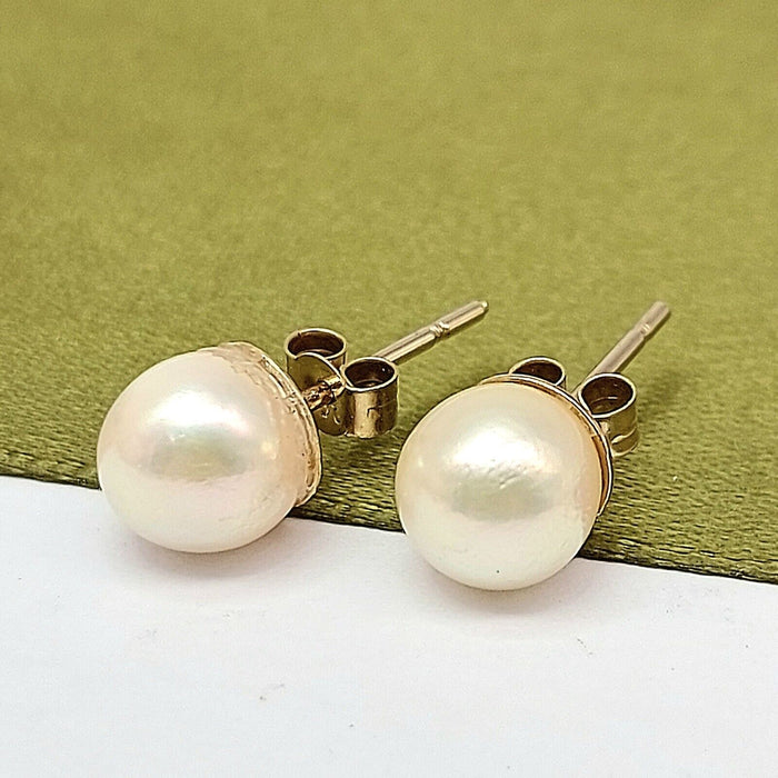 Ladies Earrings Yellow Gold 9ct (375,9k) Handmade Solitaire Natural Pearl Studs