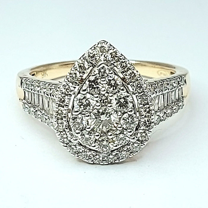 Ladies Yellow Gold 9ct (375, 9k) Teardop Engagement Diamond (1.39ct) Ring W/ Val