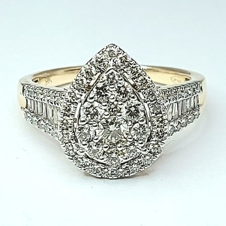 Ladies Yellow Gold 9ct (375, 9k) Teardop Engagement Diamond (1.39ct) Ring W/ Val