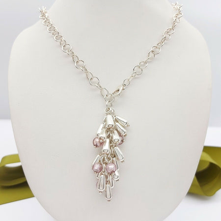 MHJ Ladies Necklace Sterling Silver(925) Circle Link & Droplets Pendant Necklace