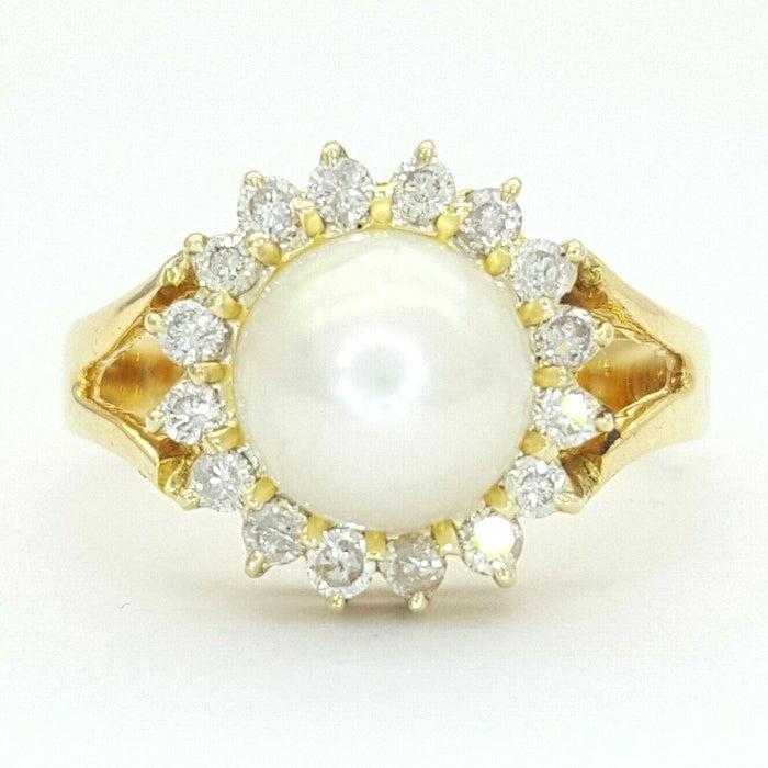 Ladies Ring 14ct (585, 14K) Yellow Gold Natural Pearl & (0.57ct) Diamond Ring