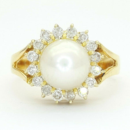 Ladies Ring 14ct (585, 14K) Yellow Gold Natural Pearl & (0.57ct) Diamond Ring