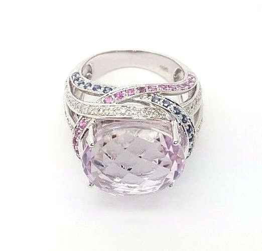 Ladies Ring 9ct (375, 9K) White Gold Amethyst, Created Sapphire & Diamond Ring