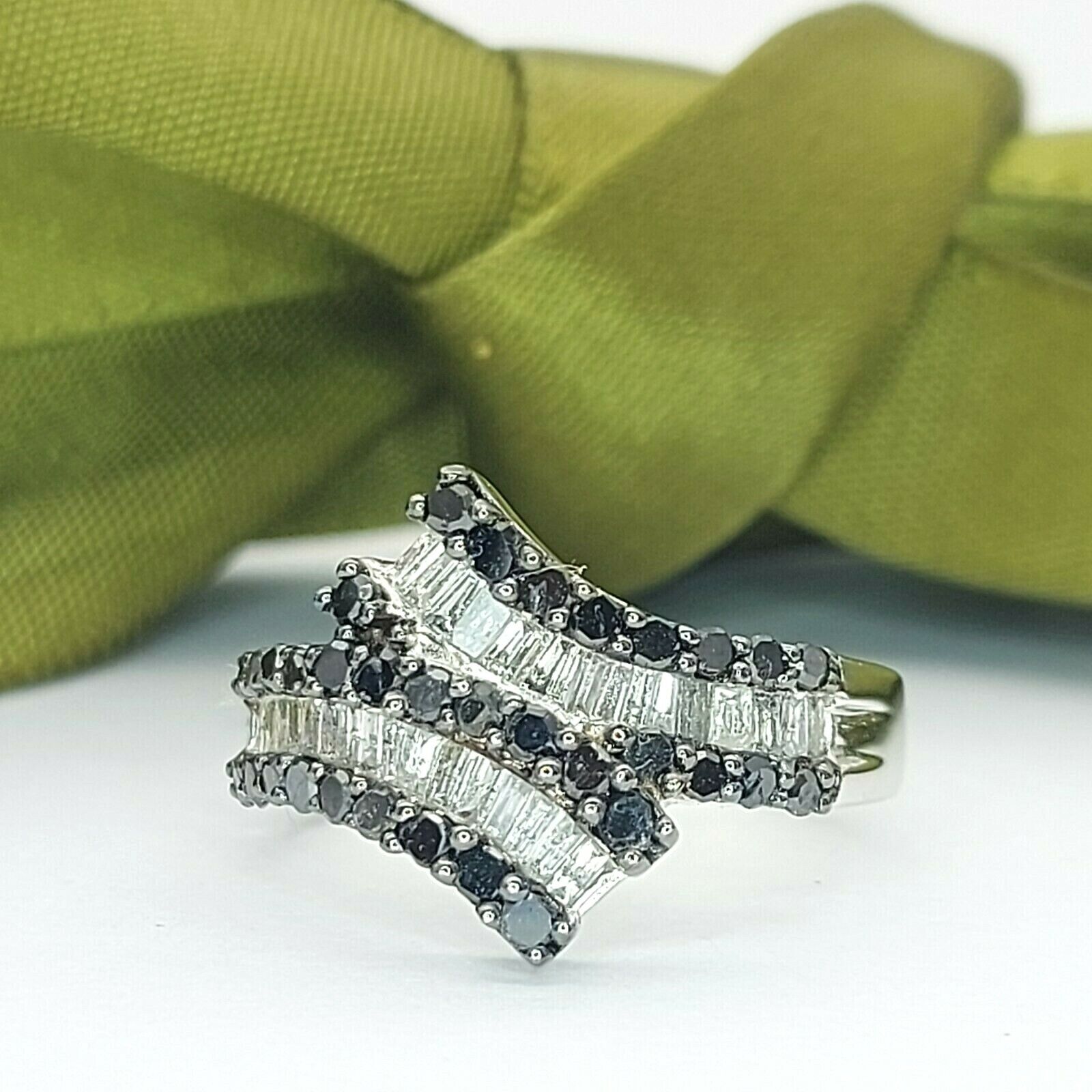 Ladies Ring Silver(925) Natural Black & Clear (1.00ct) Diamond Swirl Bypass Ring
