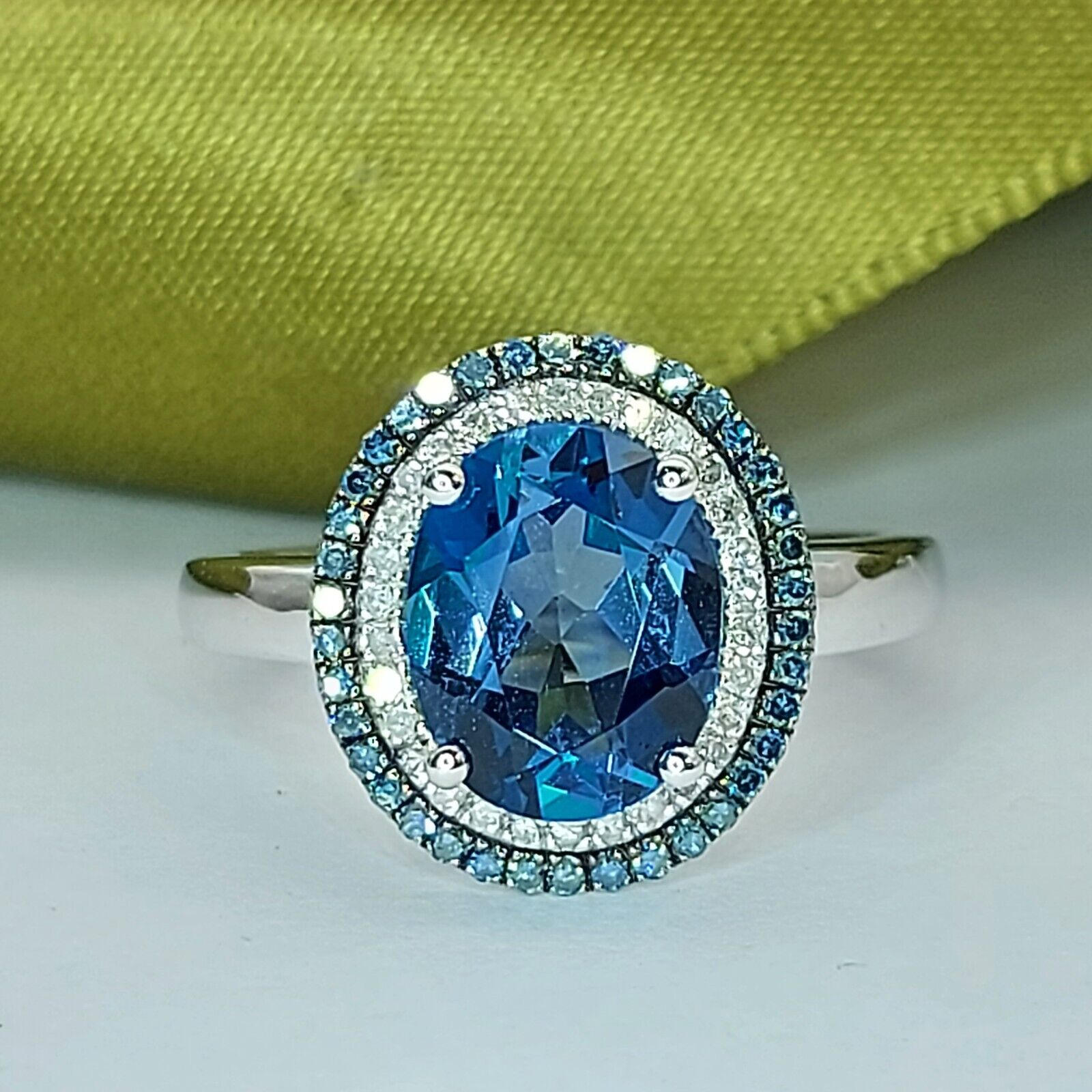 Ladies Dress Ring 14ct (585, 14K) White Gold Created Tourmaline & Diamond Ring