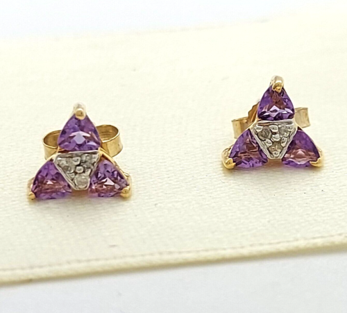 Ladies 10ct (417, 10K) Amethyst, Natural Diamond & Yellow Gold Stud Earrings