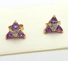 Load image into Gallery viewer, Ladies 10ct (417, 10K) Amethyst, Natural Diamond &amp; Yellow Gold Stud Earrings
