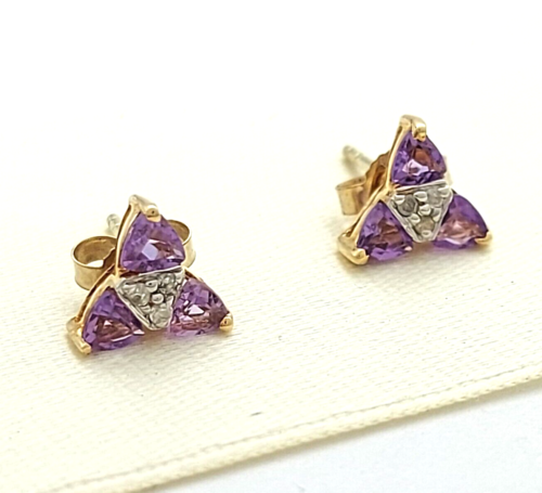 Ladies 10ct (417, 10K) Amethyst, Natural Diamond & Yellow Gold Stud Earrings