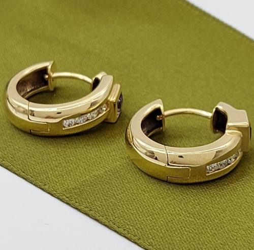 Ladies 9ct (375,9K) Real Solid Gold Amethyst 25pts Diamond Huggie Earrings