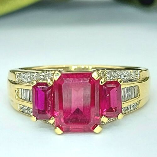 Ladies Ring 9ct (375, 9K) Yellow Gold Created Ruby & Diamond (25pts) Dress Ring