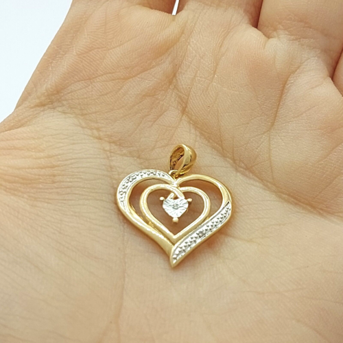 Ladies Pendant 9ct (375, 9K) Yellow Gold Diamond Chip Double Heart Pendant
