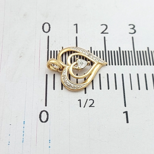 Ladies Pendant 9ct (375, 9K) Yellow Gold Diamond Chip Double Heart Pendant