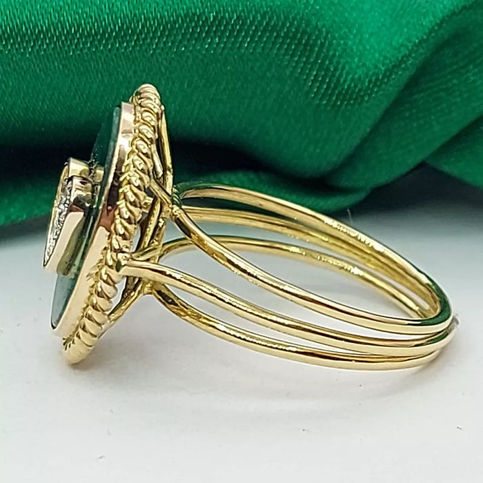 Ladies Yellow Gold 14ct (585, 14k) Oval Malachite W/ Natural Diamonds Love Ring