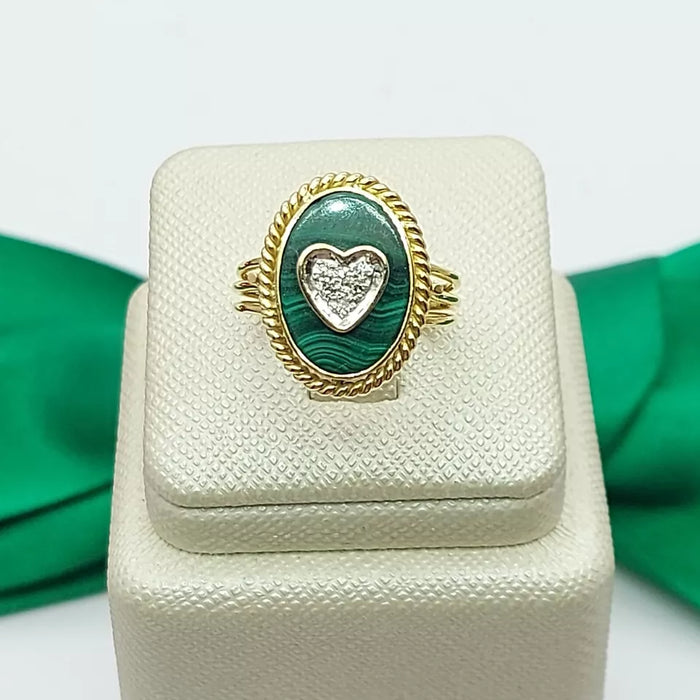 Ladies Yellow Gold 14ct (585, 14k) Oval Malachite W/ Natural Diamonds Love Ring